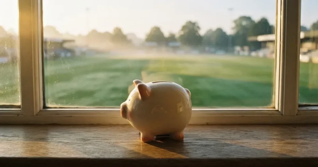 Ein kleines Sparschwein aus Keramik steht auf einem Fensterbrett, im Hintergrund ein verschwommener Rasenplatz im Morgenlicht.