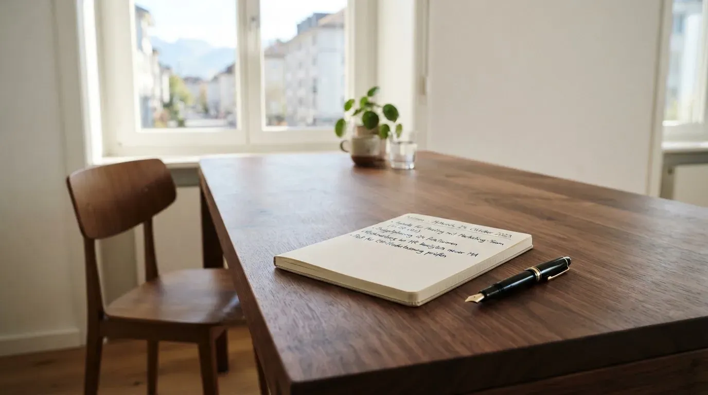 Ein schwerer Holztisch in einem hellen Büro mit einem leeren Notizblock und einem Füllfederhalter, Licht fällt durch ein hohes Fenster.