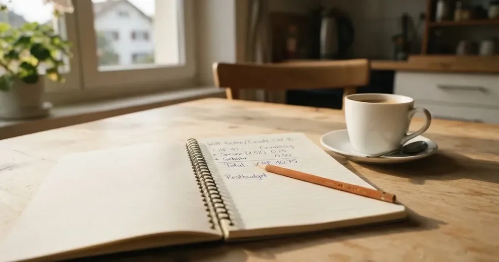 Ein Taschenrechner und ein Bleistift liegen auf einem hellen Küchentisch neben einer Tasse Kaffee, Sonnenlicht fällt schräg über die Tischplatte.