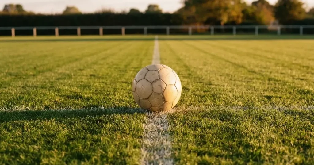 Ein Fussball liegt auf dem Mittelkreis eines Rasenfelds, die weissen Linien kreuzen sich auf dem gepflegten Gras im warmen Abendlicht.