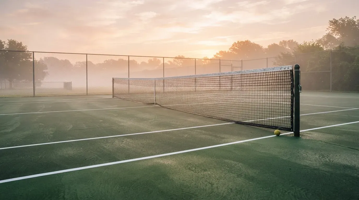 Ein Tennisplatz bei Sonnenaufgang, die Linien frisch gezogen, das Netz in der Mitte und Nebel über dem Boden.