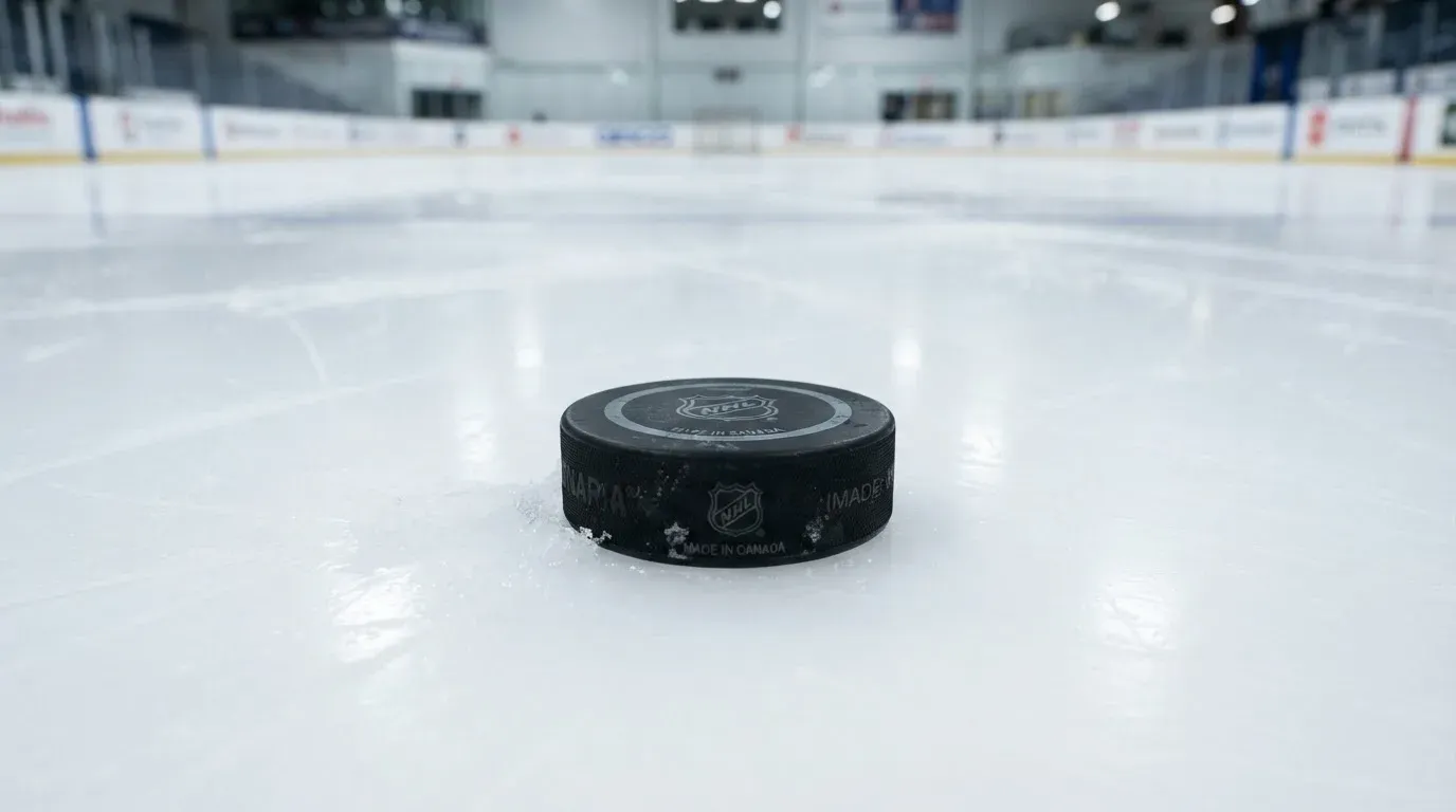 Ein Eishockeypuck liegt auf dem Eis, im Hintergrund unscharf die Bande unter hellem Hallenlicht.