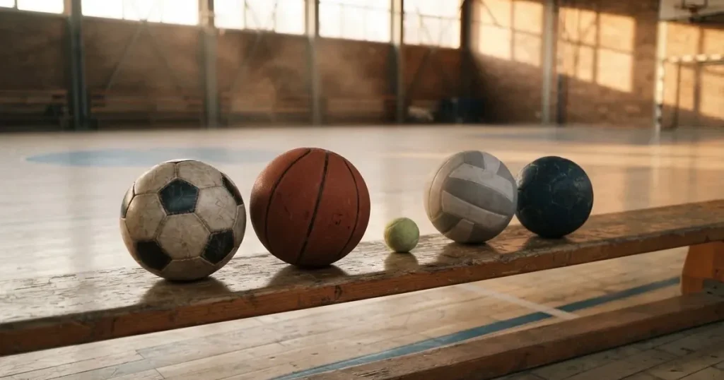 Fünf Sportbälle verschiedener Sportarten stehen in einer Reihe auf einer Holzbank in einer Turnhalle, Licht fällt durch hohe Fenster.