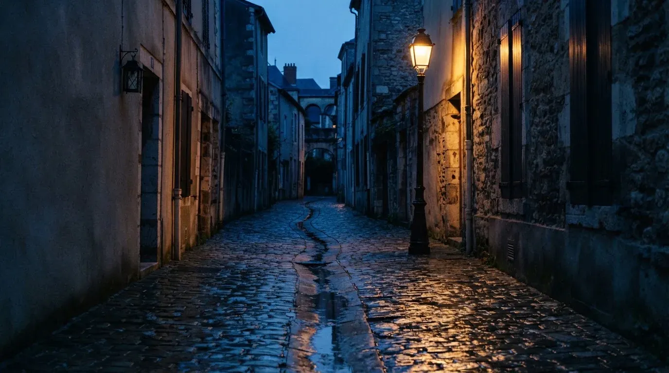 Eine Strassenlaterne in einer leeren Gasse am Abend, das nasse Kopfsteinpflaster spiegelt das warme Licht.