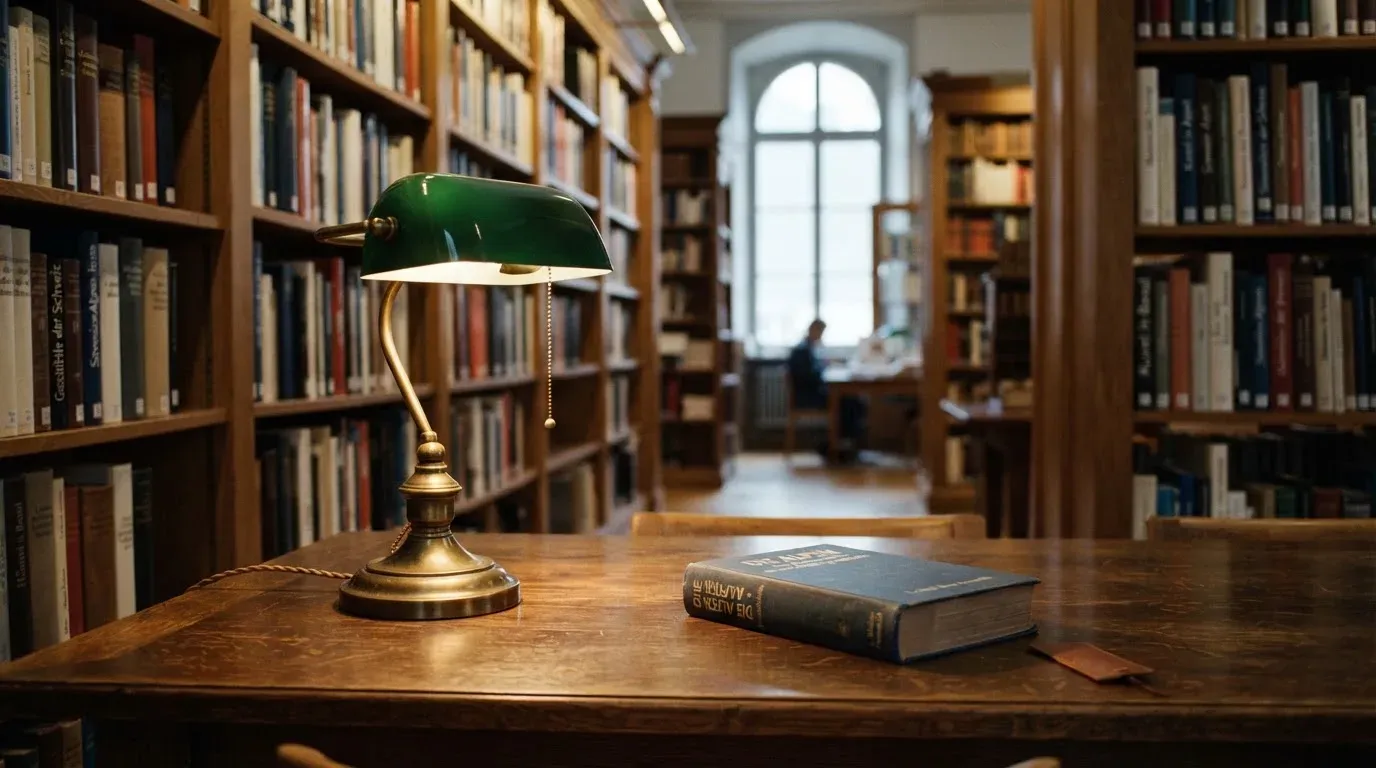 Eine Bibliothek mit hohen Holzregalen voller Bücher, im Vordergrund ein Lesetisch mit grüner Lampe.