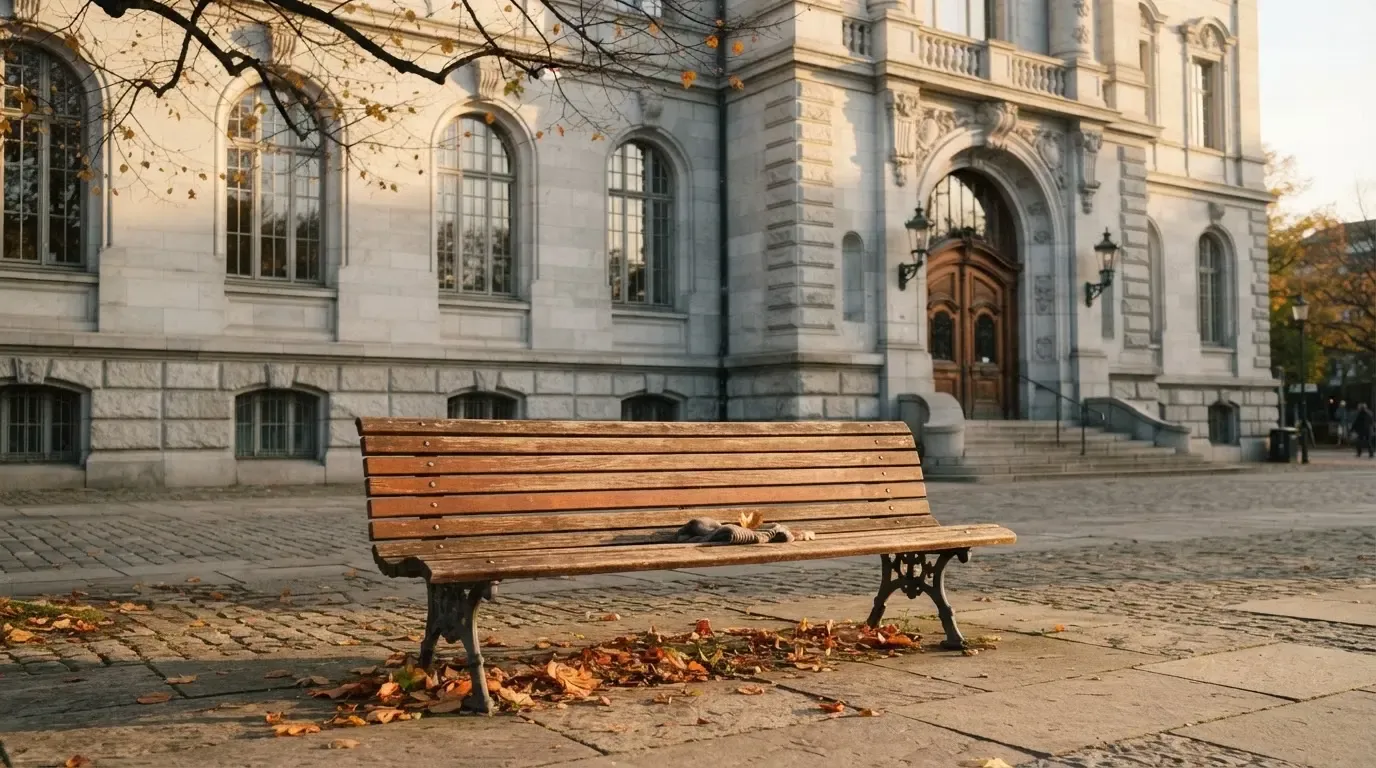 Eine Holzbank steht vor einem Verwaltungsgebäude aus Stein mit hohen Fenstern, Herbstlaub liegt auf dem Boden.