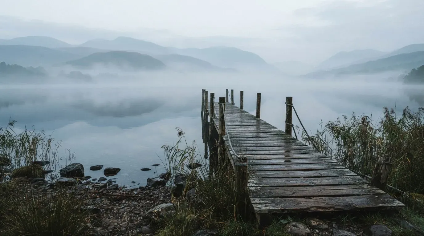 Ein Seeufer mit einem hölzernen Steg, Nebel liegt über dem Wasser, am anderen Ufer erheben sich Berge.