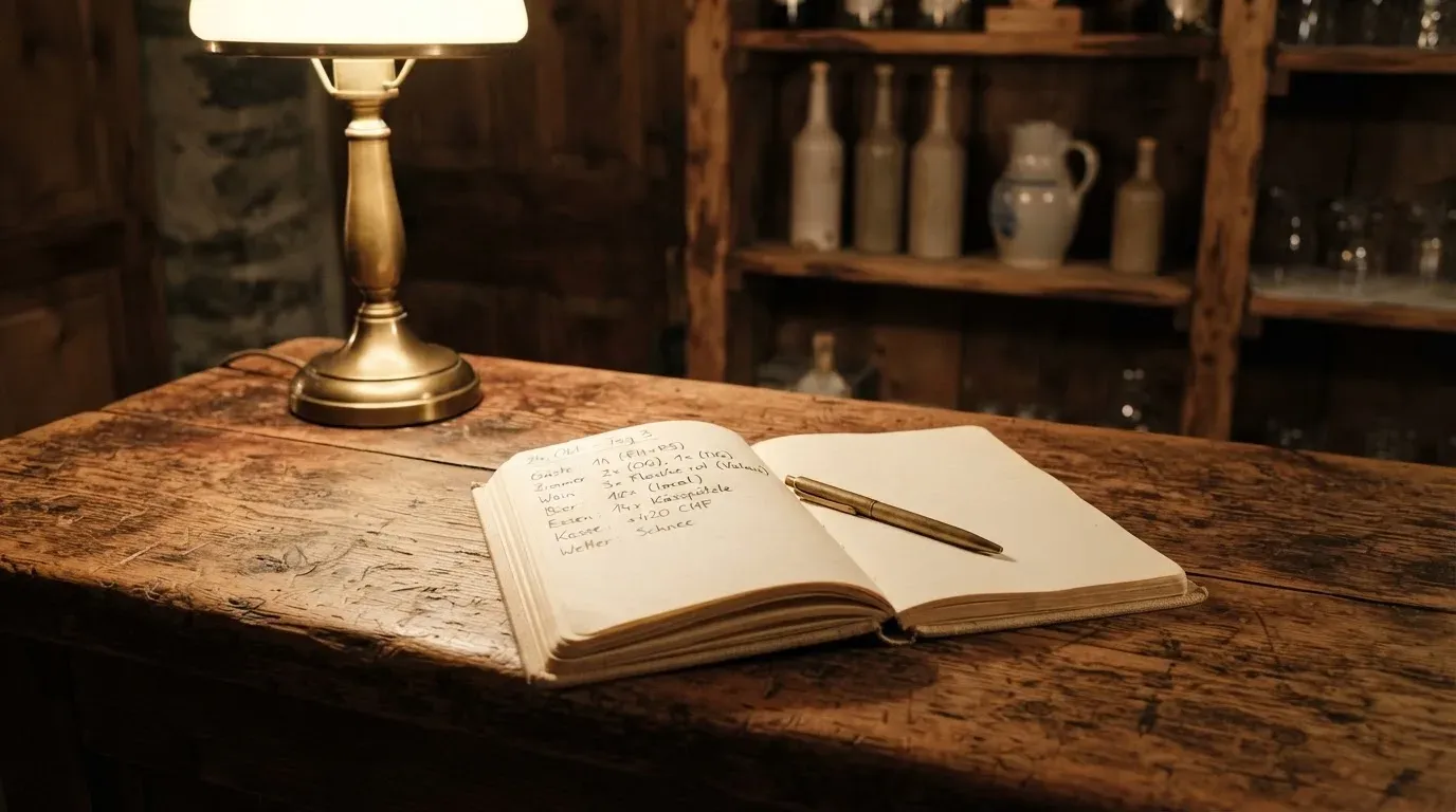 Ein alter Holztresen mit einem Notizbuch und einem Taschenrechner in warmem Lampenlicht, Regale im Hintergrund.