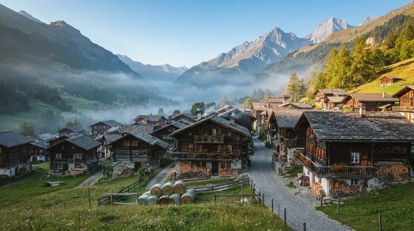 Ein Bergdorf mit Holzhäusern im Tal an einem klaren Morgen, über den Dächern liegen Nebelschwaden und in der Höhe Gipfel.