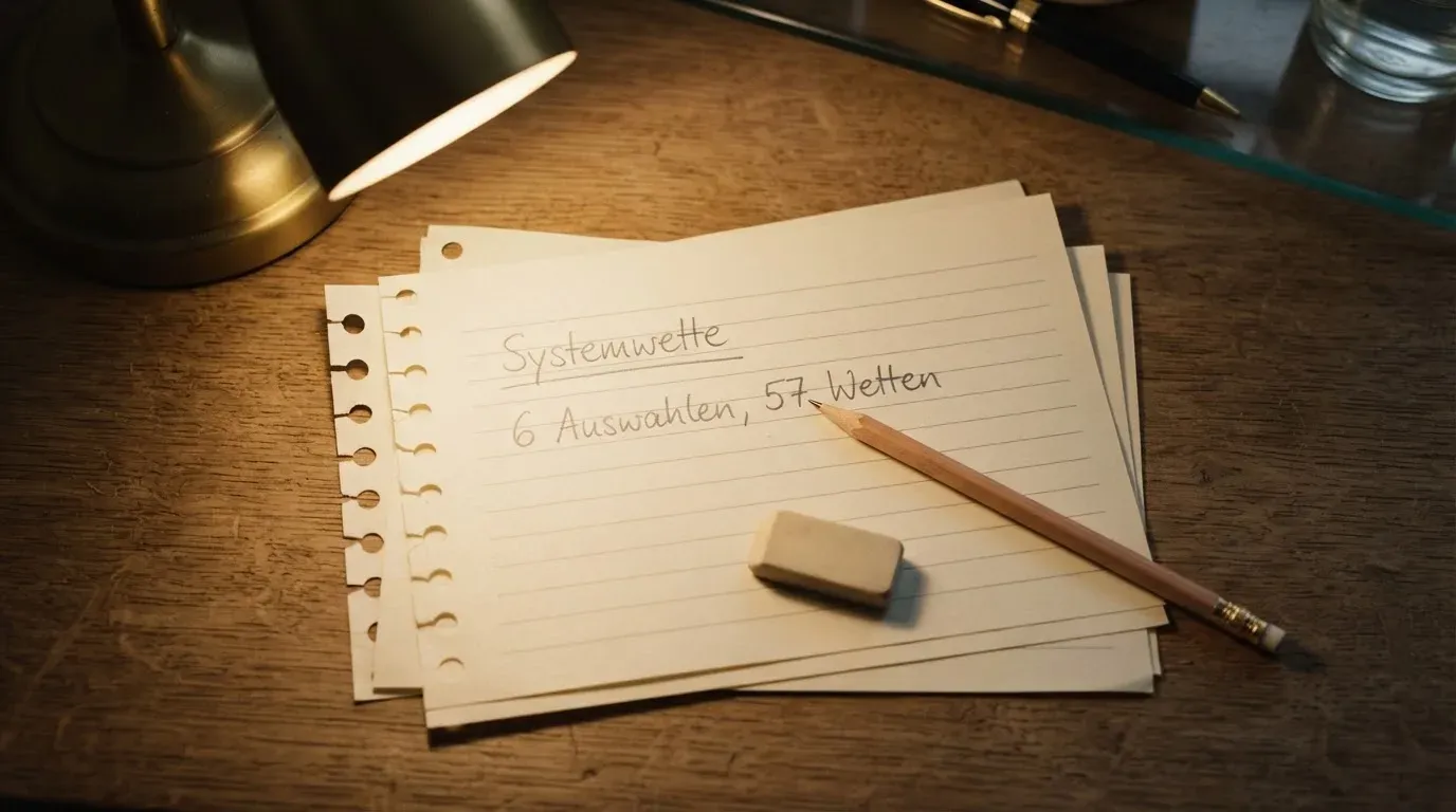 Ein Bleistift und ein Radiergummi liegen auf einem kleinen Stapel Notizzettel, gelbes Licht einer Schreibtischlampe.