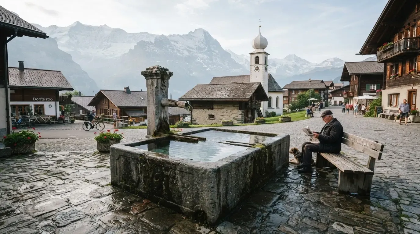 Ein Brunnen auf einem Dorfplatz mit Kopfsteinpflaster, im Hintergrund eine Kirche mit Zwiebelturm und Berge.