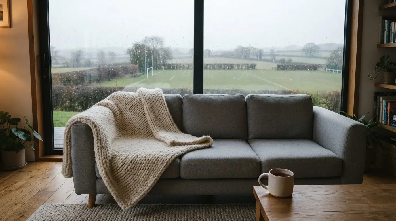Ein Sofa mit Wolldecke steht vor einem grossen Fenster, draussen Regen und in der Ferne ein Fussballplatz.