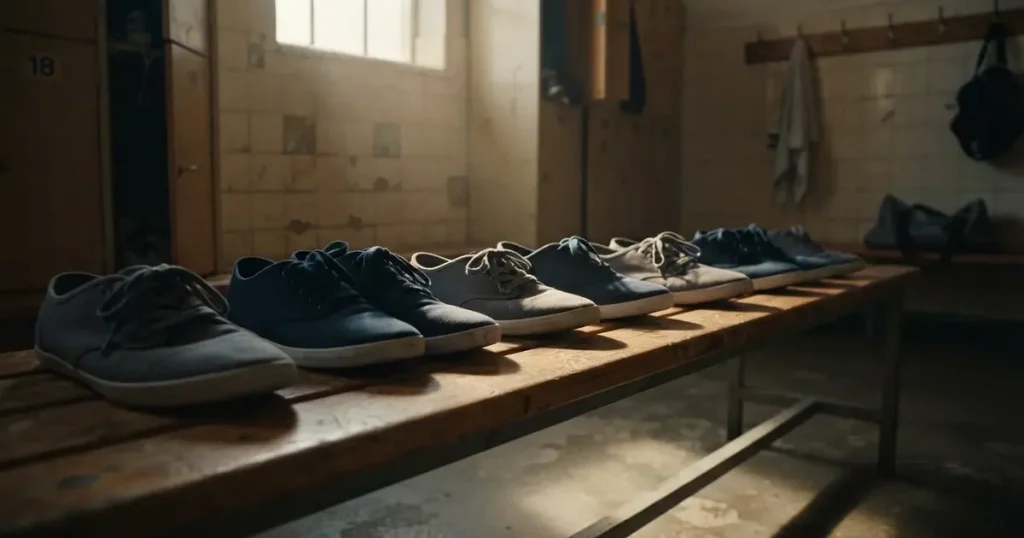 Eine Reihe Sportschuhe steht auf einer Bank in einer Umkleide, Licht fällt aus einem hohen Fenster.