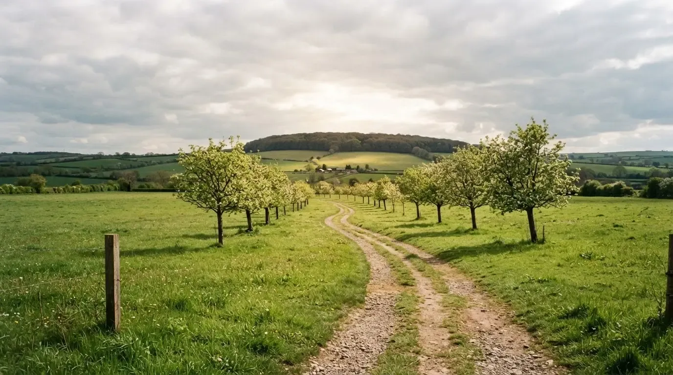 Ein Feldweg führt zwischen Wiesen zu einem Hügel, der Himmel ist bewölkt, am Wegrand stehen Obstbäume.