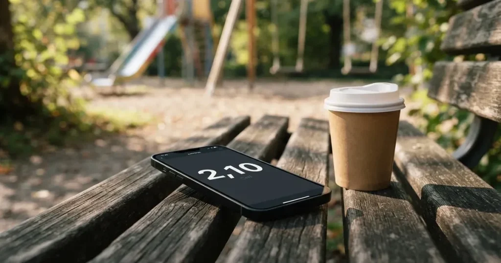 Ein Smartphone mit dunklem Display liegt auf einer Parkbank, daneben ein Kaffeebecher, im Hintergrund ein Spielplatz.