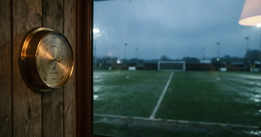 Ein Wetterbarometer hängt an einer Holzwand neben einem Fenster, draussen liegt ein nasser Fussballplatz im Regen.
