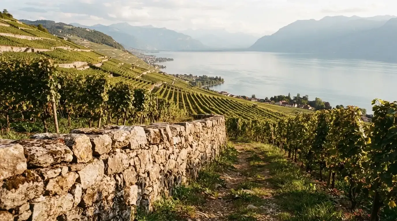 Eine Mauer aus Natursteinen am Wegrand, dahinter Weinberge, die zu einem See hinabführen.
