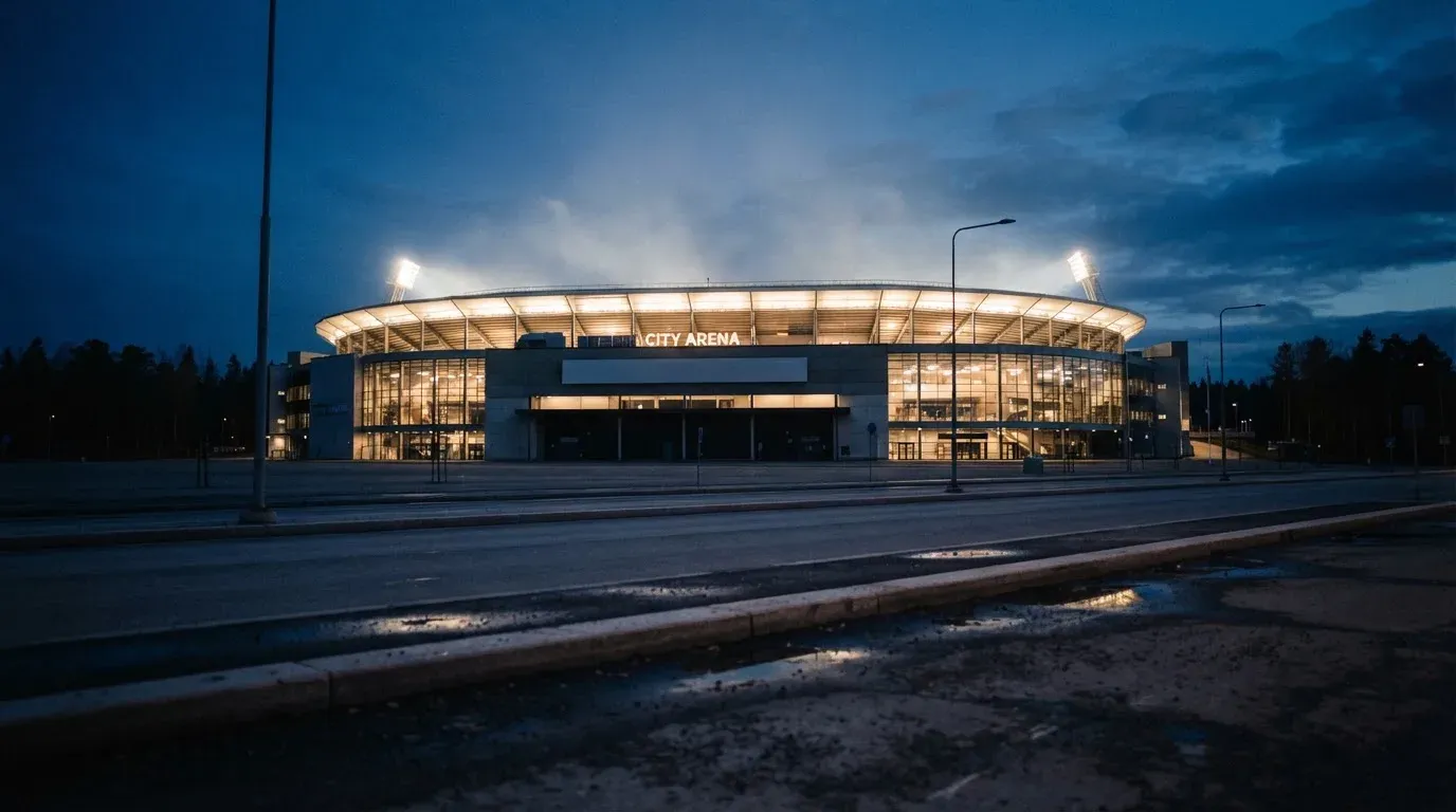 Ein grosses Eisstadion aus der Ferne gesehen, hell erleuchtet von Flutlicht in der Abenddämmerung, davor eine leere Strasse.