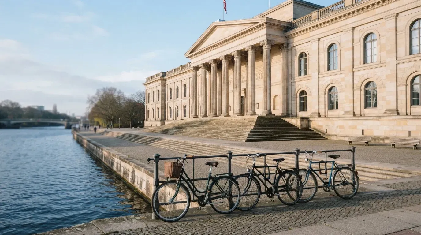 Ein Gebäude mit steinernen Säulen steht an einem Flussufer an einem klaren Morgen, davor lehnen einige Fahrräder.