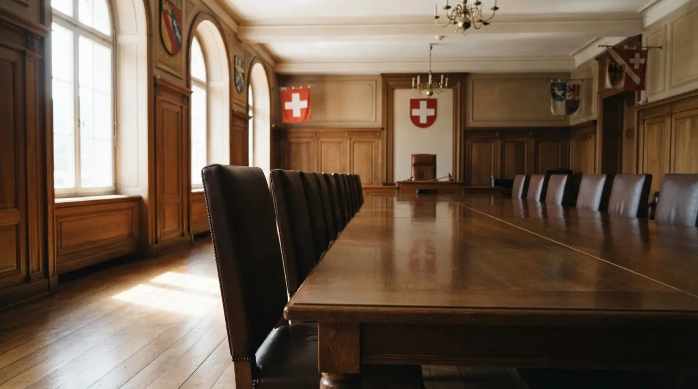 Ein leerer Sitzungssaal mit langem Holztisch und Lederstühlen, durch hohe Fenster fällt Tageslicht auf den Boden.