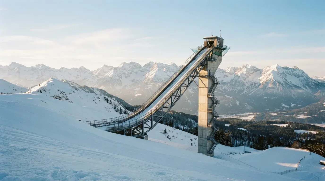 Eine Skisprungschanze erhebt sich vor verschneiten Bergen im Morgenlicht, die Hänge sind unberührt und ruhig.