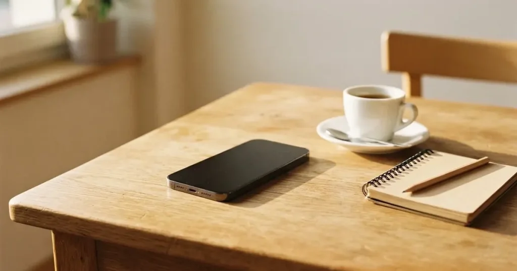 Ein Smartphone mit dunklem Display liegt neben einer Kaffeetasse auf einem hellen Tisch, daneben ein Notizblock.