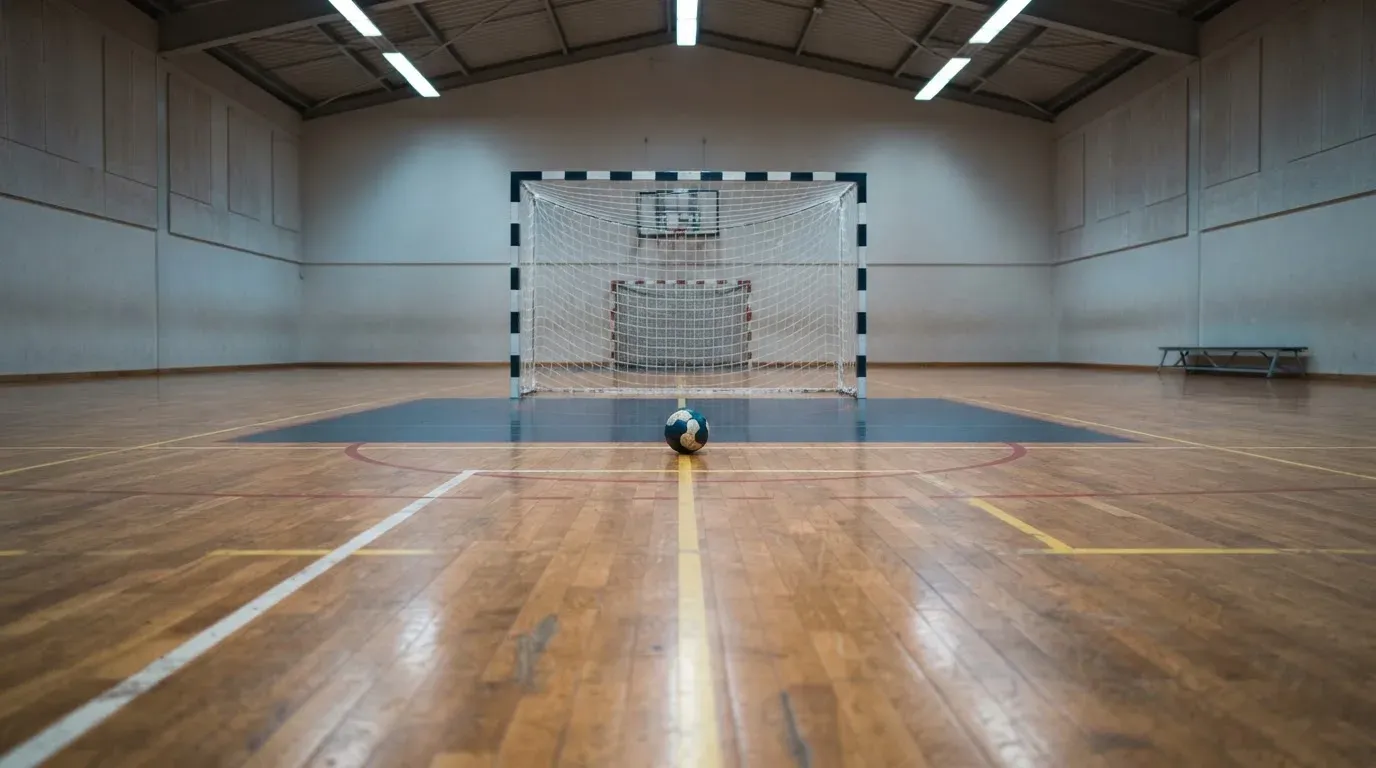 Ein Handballtor in einer leeren Sporthalle, der Ball liegt im Torraum und das Hallenlicht spiegelt sich im Parkett.