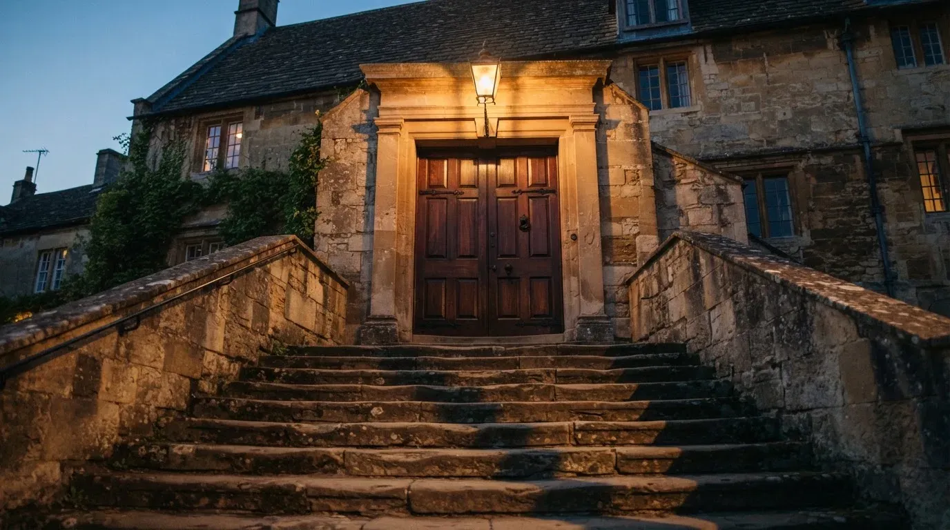 Eine breite Steintreppe führt zu einem hohen Portal aus dunklem Holz, das Licht der Dämmerung liegt auf den Stufen.
