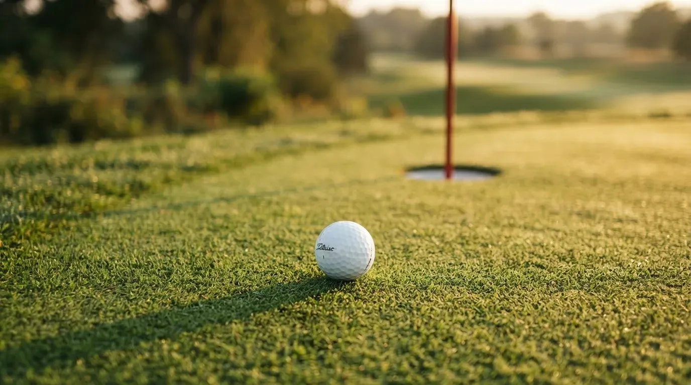 Ein Golfball liegt auf einem gepflegten Grün nahe am Loch, im goldenen Licht der Abendsonne.