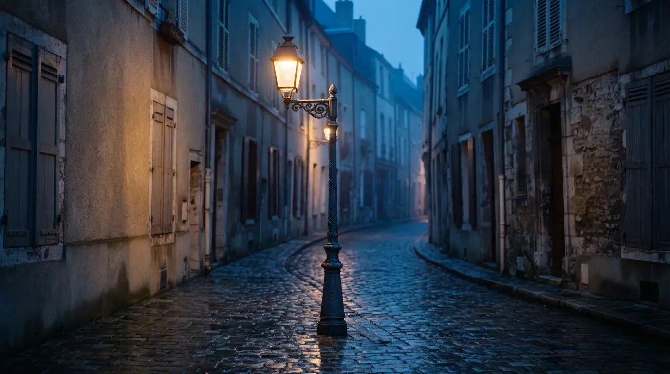 Eine gusseiserne Strassenlaterne in einer ruhigen Altstadtgasse am Abend, das Kopfsteinpflaster glänzt feucht.