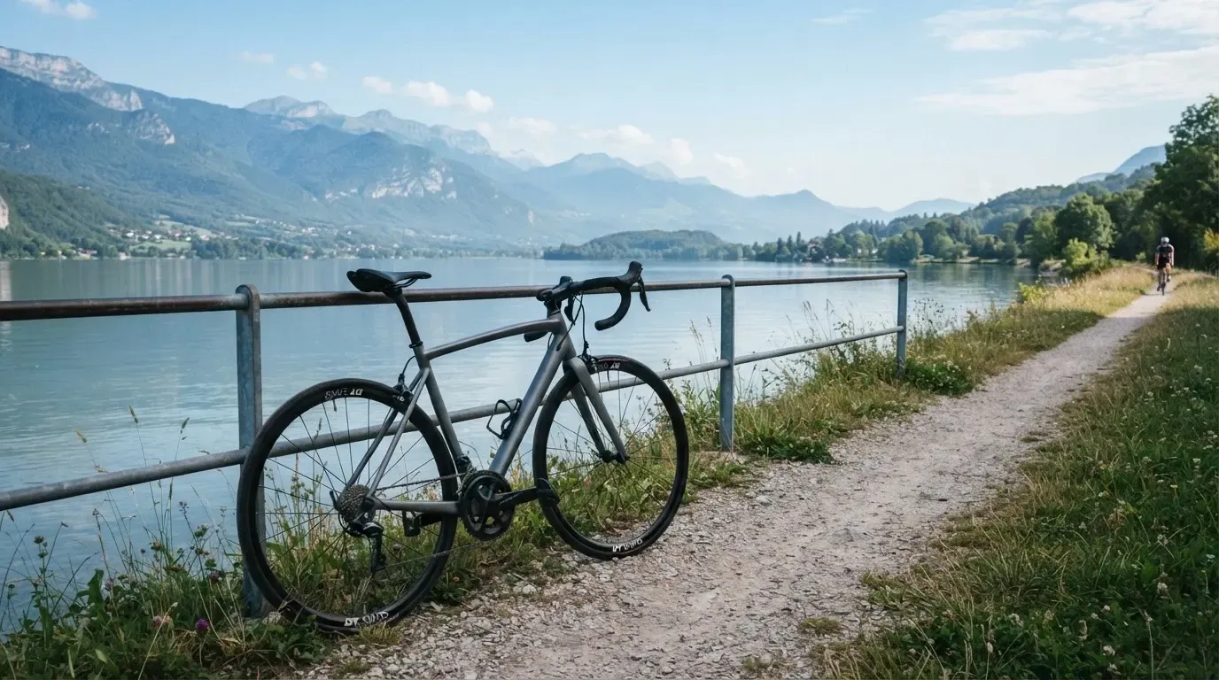 Ein Rennrad lehnt an einem Geländer am Seeufer, dahinter liegt ruhiges Wasser vor einer Bergkette.