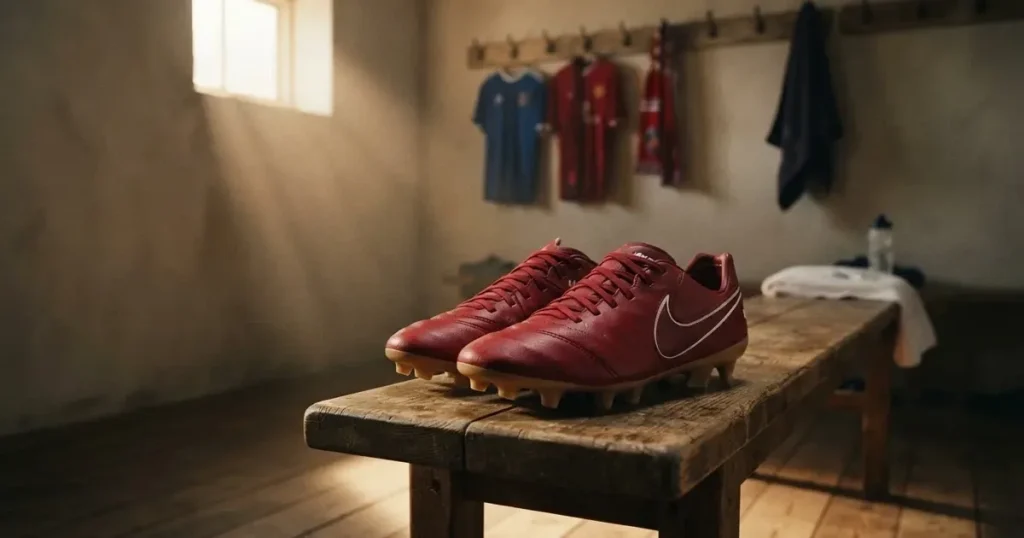 Ein Paar Fussballschuhe steht auf einer Holzbank in einer leeren Umkleide, Morgenlicht fällt durch ein kleines Fenster.