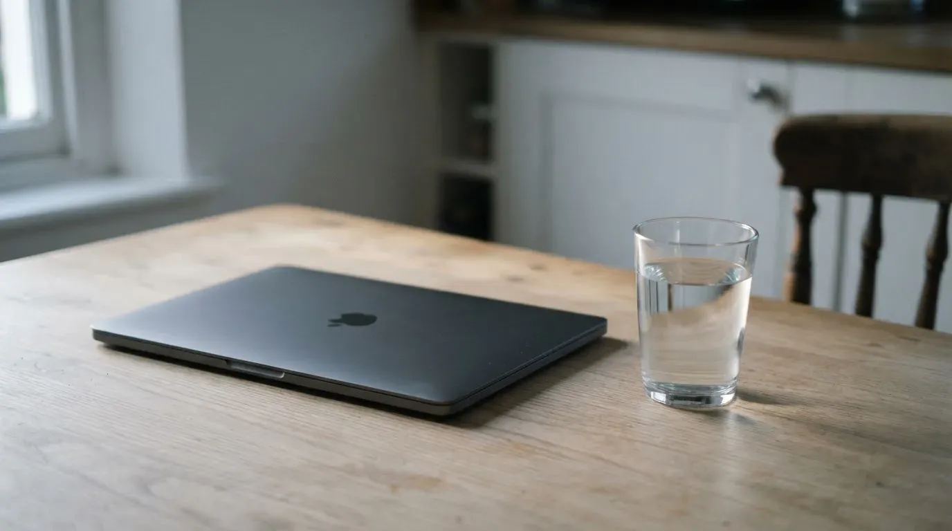Ein geschlossener Laptop steht neben einem Glas Wasser auf einem Küchentisch im Licht des frühen Morgens.