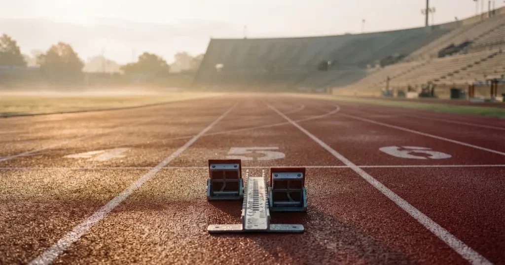 Eine leere Laufbahn mit Startblöcken in einem Stadion am Morgen, die roten Bahnen glänzen vom Tau.