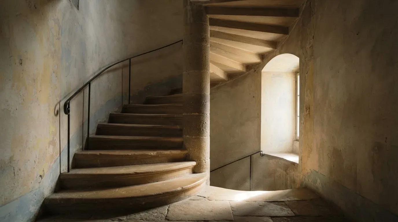 Eine Wendeltreppe aus Stein in einem alten Gebäude, Licht fällt durch ein schmales Fenster auf die Stufen.