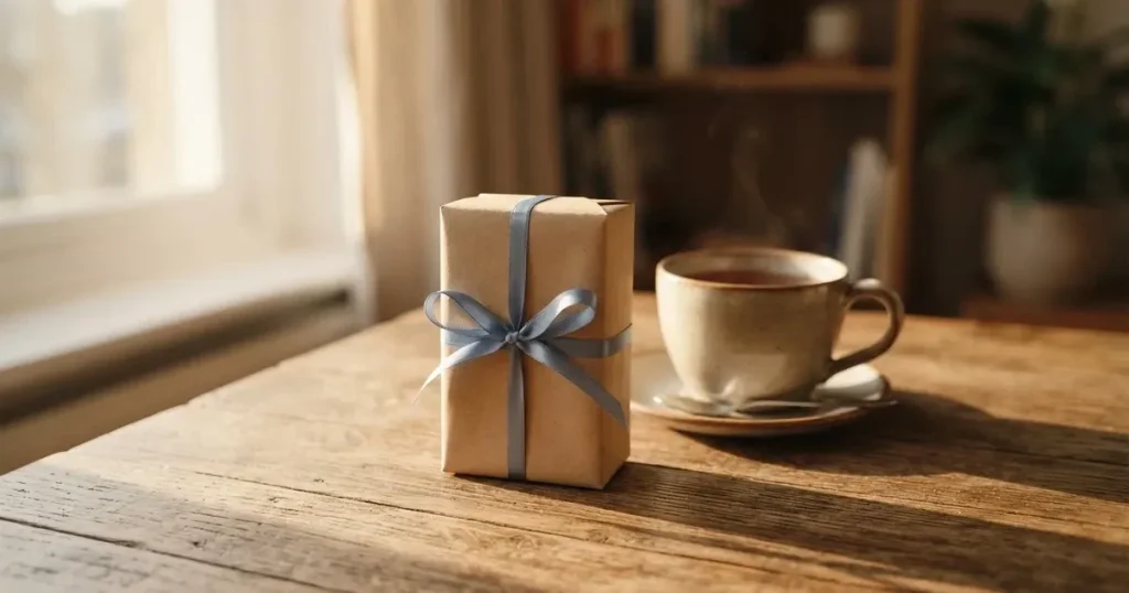 Eine kleine Geschenkschachtel mit Band steht auf einem Holztisch neben einer Tasse Tee im Licht eines Fensters.
