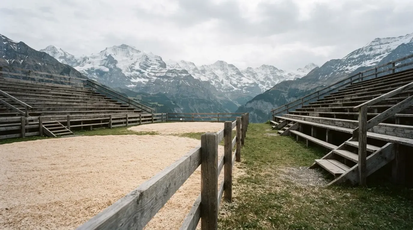 Ein Sägemehlring zwischen Tribünen aus Holz vor Alpenkulisse, ruhig und menschenleer unter bewölktem Himmel.