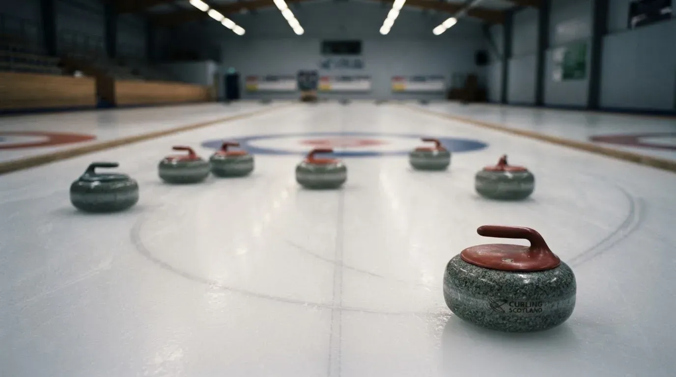 Mehrere Curlingsteine liegen auf einer glatten Eisfläche in einer leeren Halle, Deckenlicht spiegelt sich im Eis.