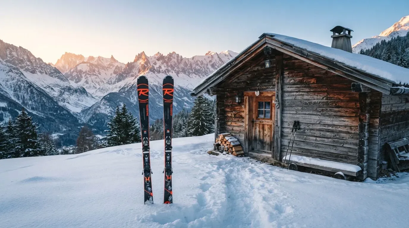 Ein Paar Ski steckt aufrecht im Schnee vor einer Berghütte, im Hintergrund färbt der Sonnenaufgang die Gipfel.