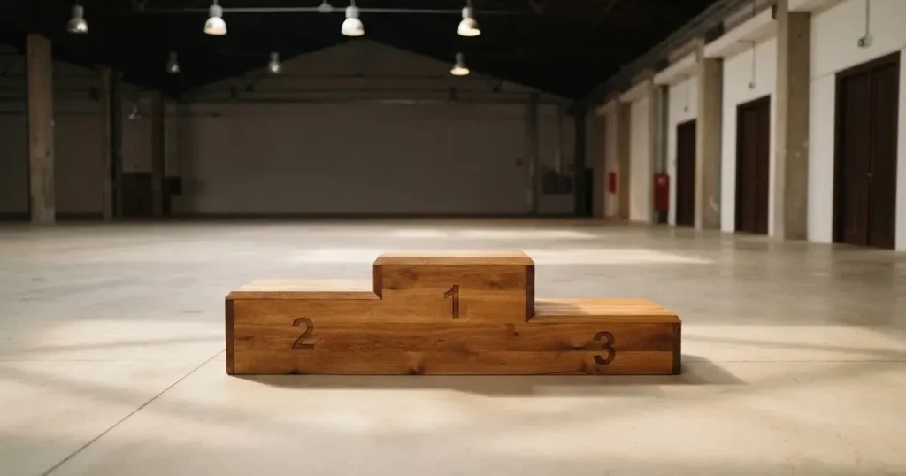 Ein dreistufiges Siegerpodest aus Holz steht in einer leeren Halle, helle Deckenlampen werfen weiche Schatten.