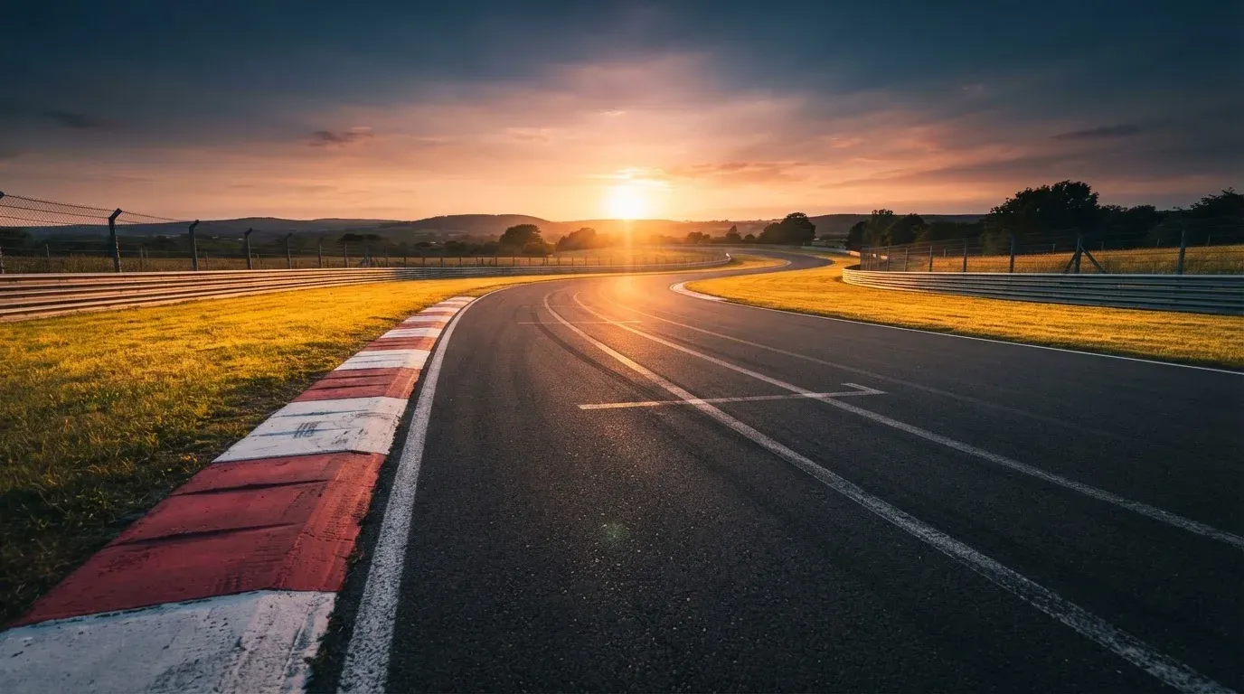 Eine leere Rennstrecke mit rot-weissen Randsteinen im Licht der untergehenden Sonne, Asphalt und Wiese im Gegenlicht.