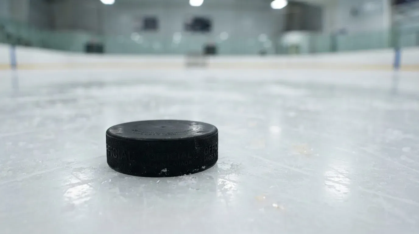 Ein Eishockeypuck liegt in Grossaufnahme auf der Eisfläche, feine Kratzer im Eis glänzen im hellen Hallenlicht.