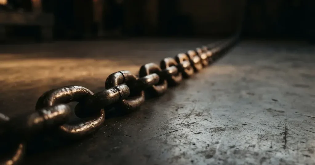 Eine schwere Kette aus Stahlgliedern liegt gespannt auf dunklem Beton, das Licht betont jedes einzelne Glied.