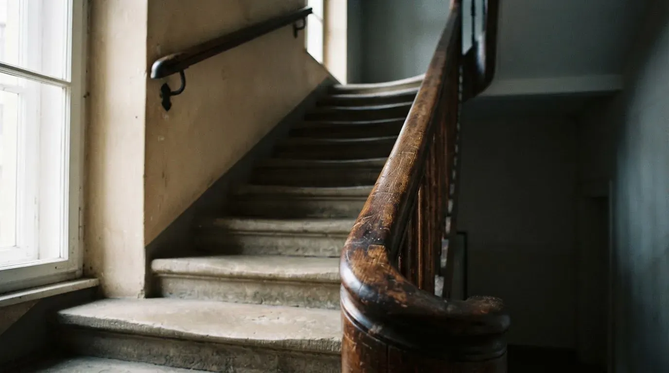 Ein Holzgeländer an einer Treppe in einem Altbau, durch ein Fenster fällt Licht auf die abgetretenen Stufen.