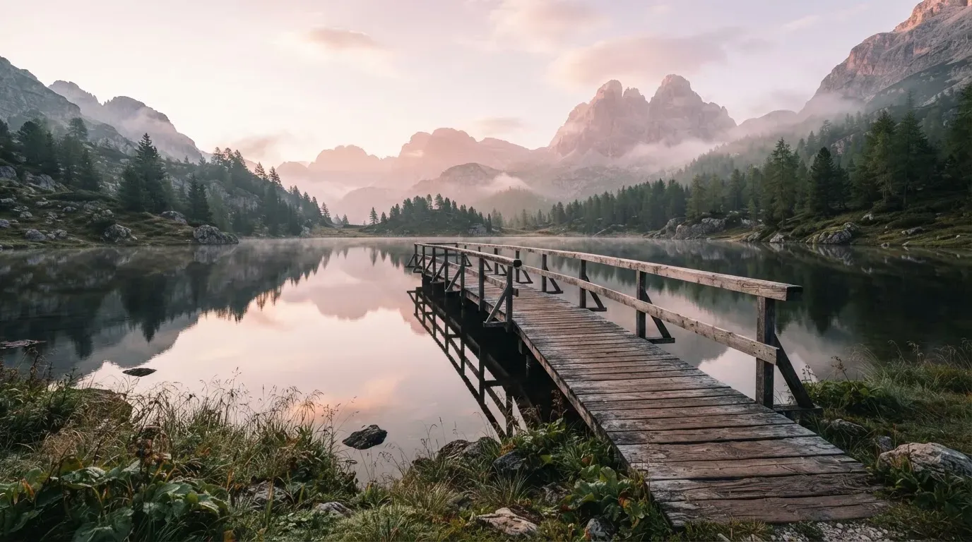 Ein Holzsteg führt über einen stillen Bergsee in den Alpen, über dem Wasser hängen bei Sonnenaufgang einzelne Nebelschwaden.