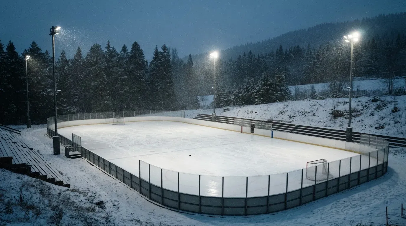Eine Eishockeybahn liegt unter Flutlicht aus der Ferne betrachtet, leichter Schneefall treibt durch den Lichtkegel über dem Eis.