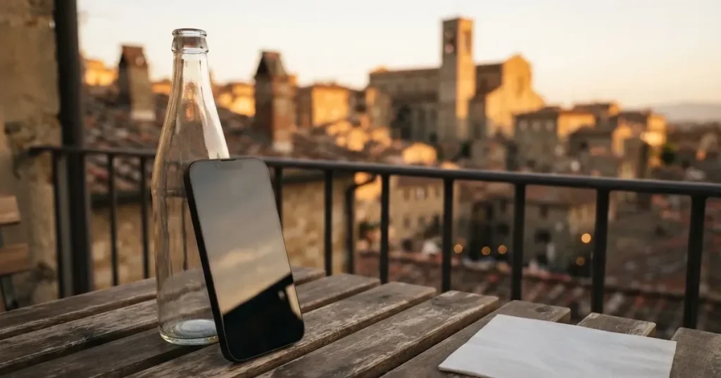 Ein Smartphone mit dunklem Display lehnt an einer Glasflasche auf einem Balkontisch, dahinter liegt eine Altstadt in der Abendsonne.