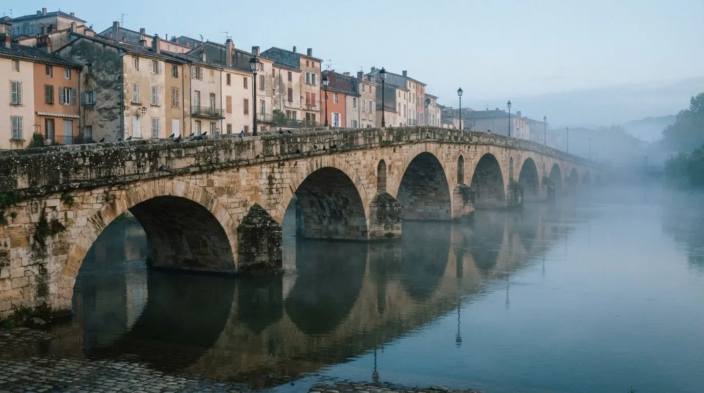 Eine steinerne Bogenbrücke überspannt am frühen Morgen einen Fluss in einer Altstadt, auf dem Wasser liegt dünner Nebel.