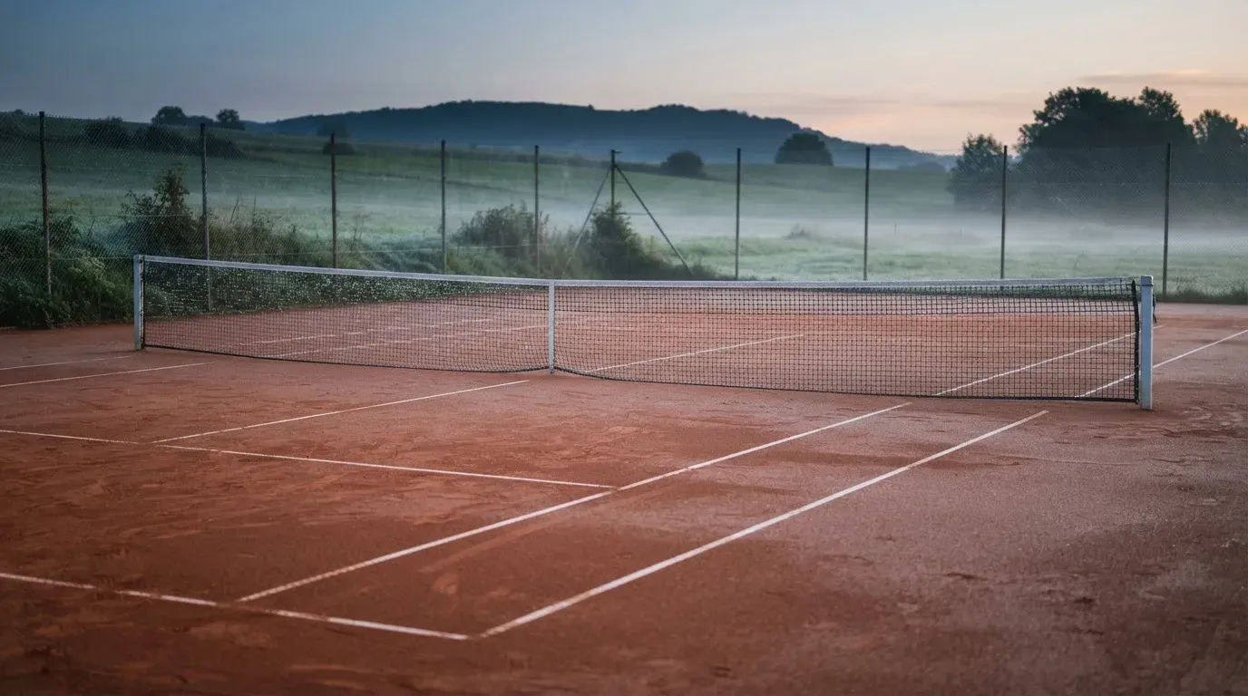 Ein Sandplatz für Tennis liegt bei Morgengrauen leer da, Tau glänzt auf dem Netz, hinter dem Zaun steigen Wiesen an.