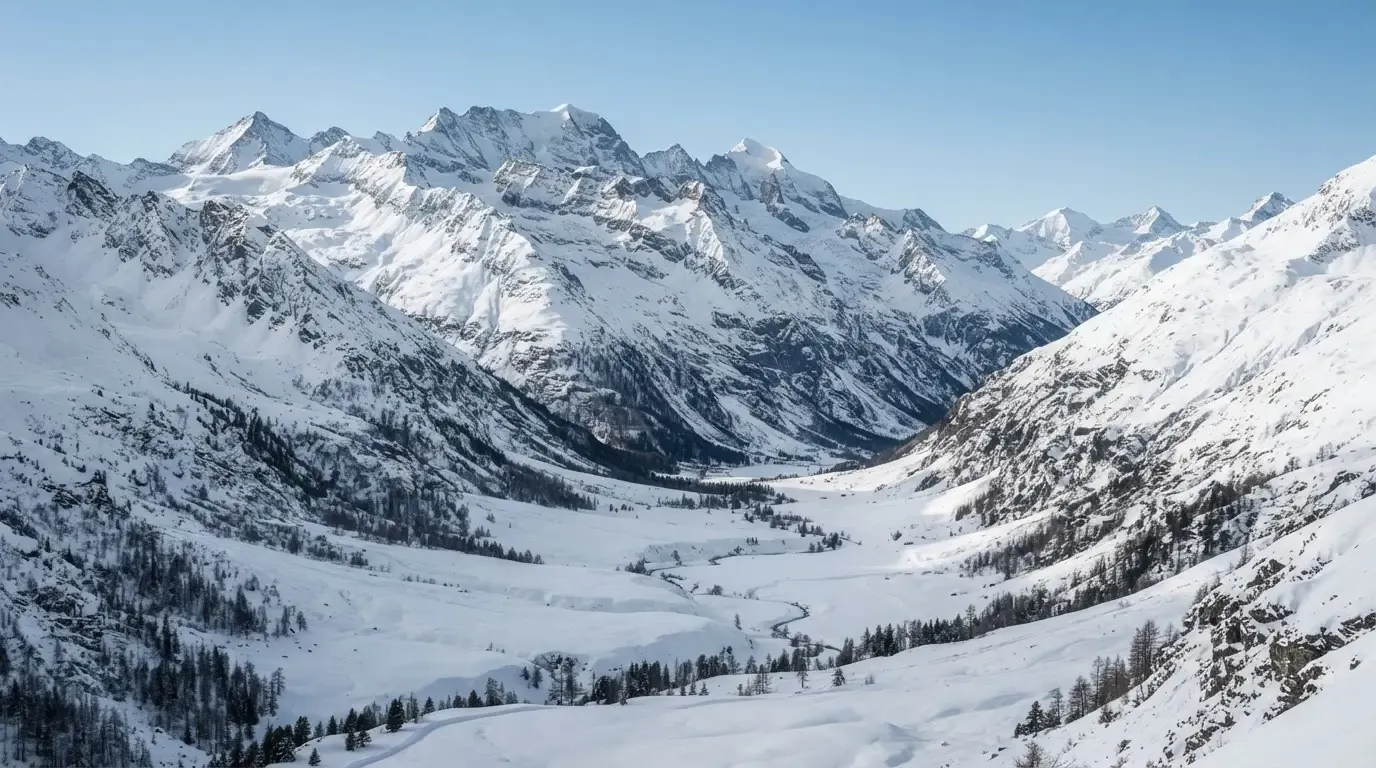 Eine verschneite Bergkette erhebt sich über einem stillen Tal, der Himmel darüber ist klar und von blassem Blau.